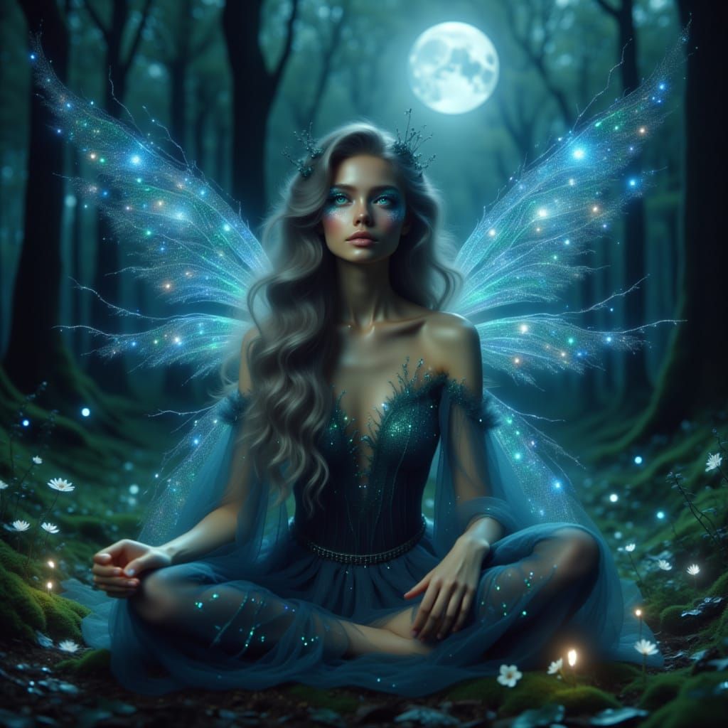 <lora:Ethereal fairy:1.0> A beautiful fae with wings full of pixie dust glittering in the Moonlight, dark atmospheric, green eyes, pretty le...