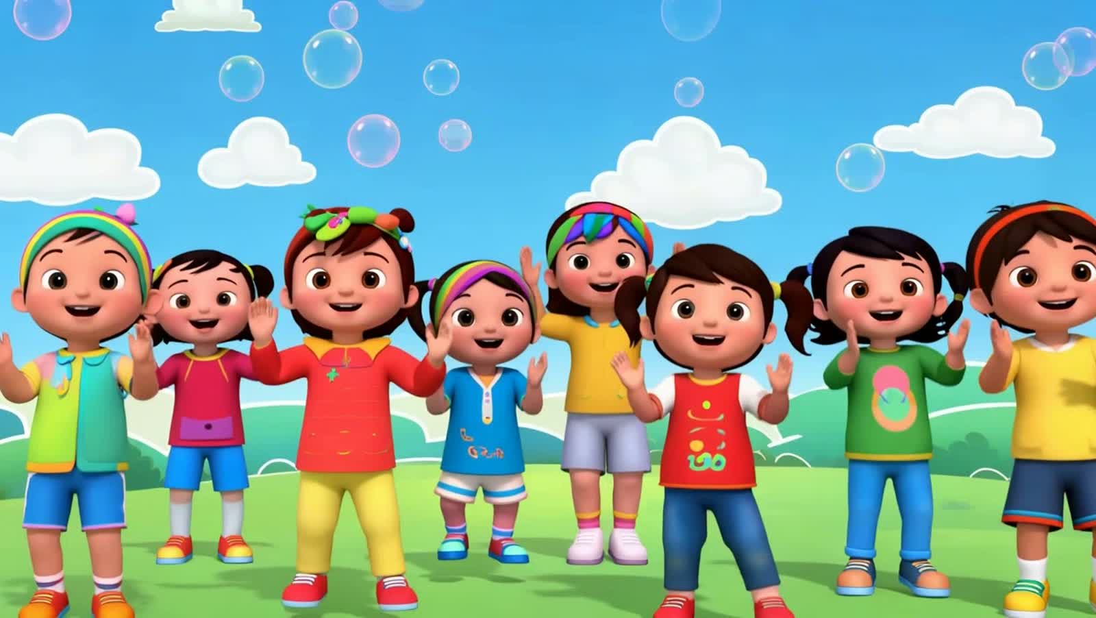 Children dancing, hopping, clapping, and spinning in a circle outdoors, sunshine, blue sky, bubbles floating in the air,...