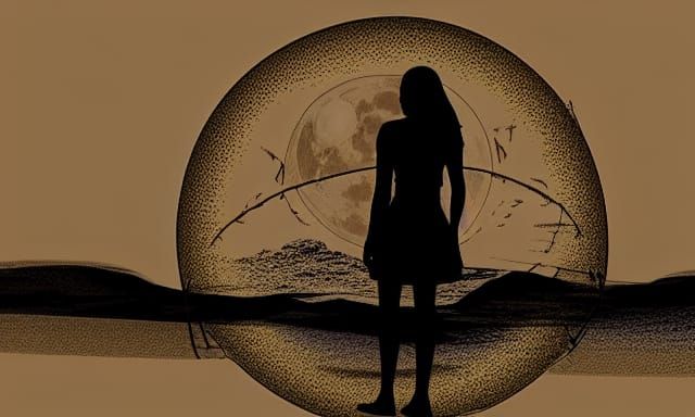 seeing another world through a moon gate, female silhouette ...
