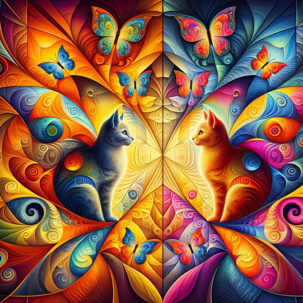 Colorful fractal cats and butterfly.