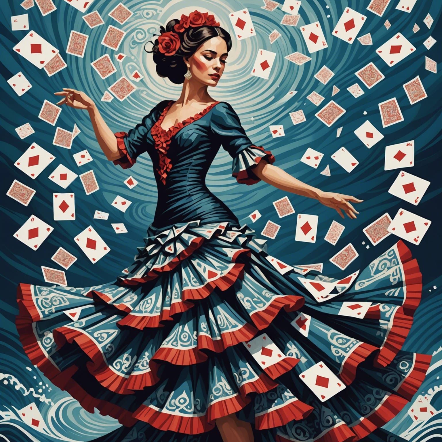 Flamenco Dancer's Enchanting Sea of Cards