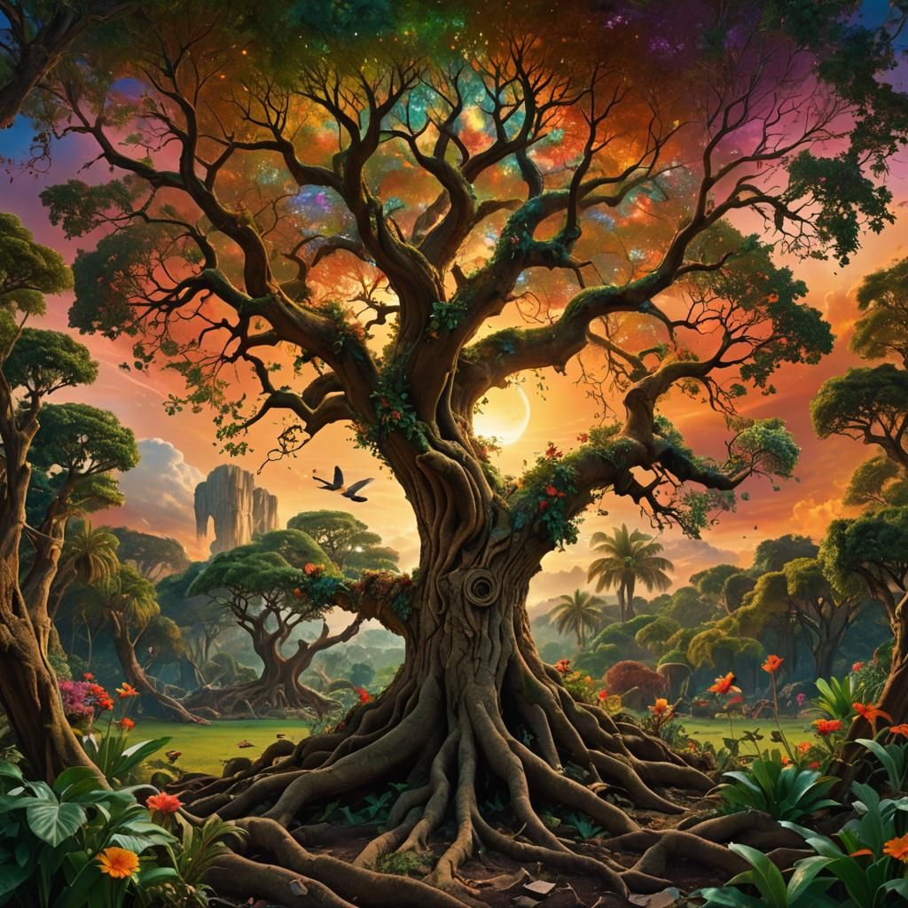Hyperrealistic portrait of the tree of life in the garden of eden  by @undefined