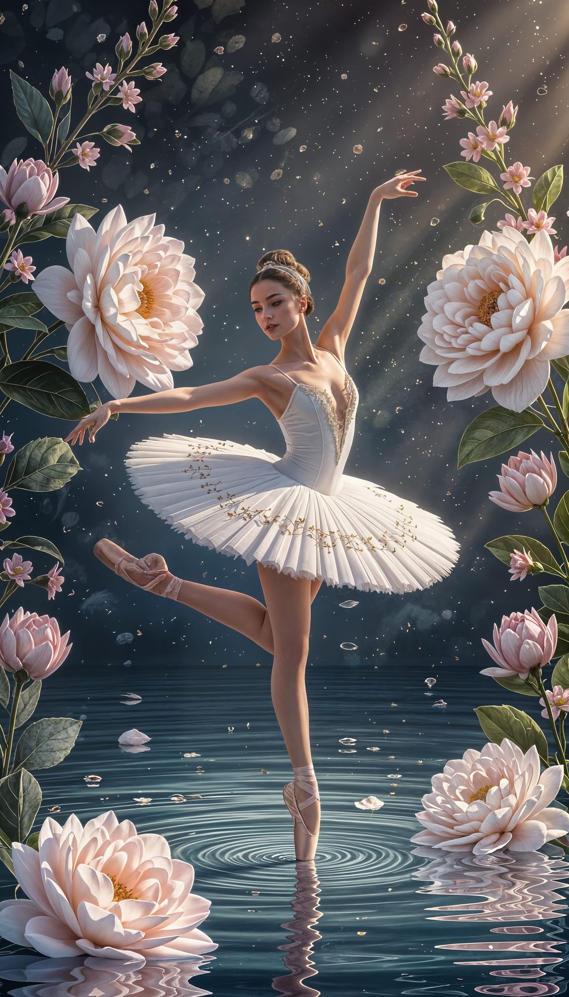 A graceful ballerina, her tutu made of decaying autumn leaves, performs a delicate pirouette on a stage of cracked porcelain. - Start Image 1