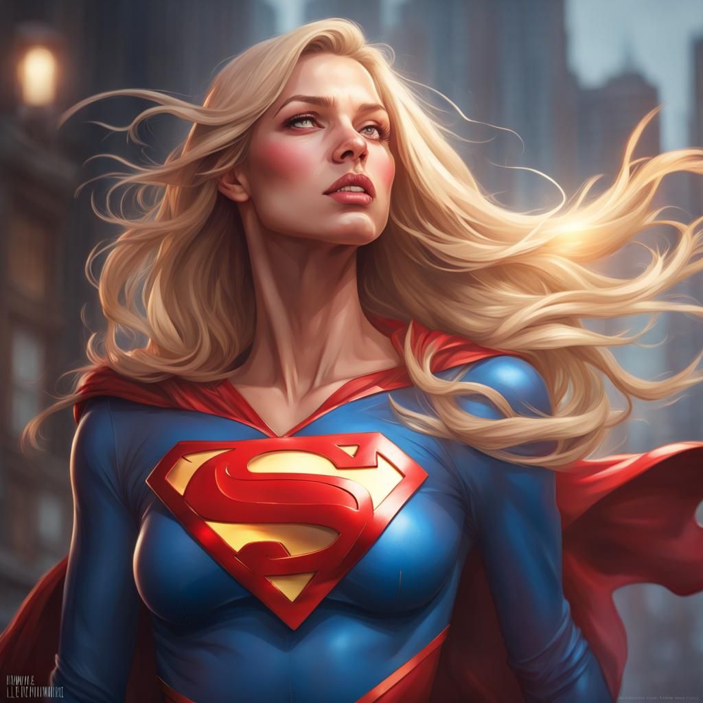 pretty blonde female, long hair, dressed as Supergirl kissing The Flash ...