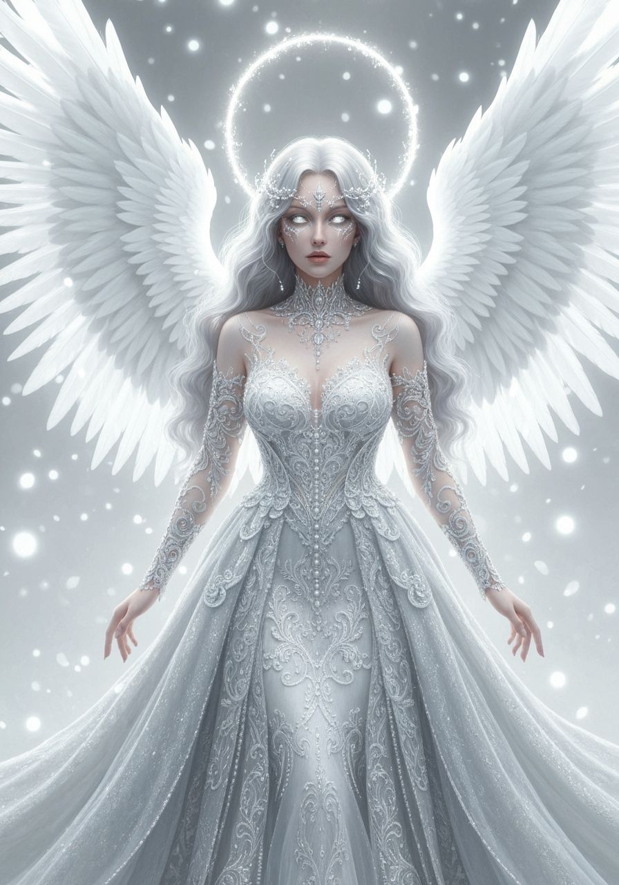 Ethereal White Angel with Majestic Wings in Dreamlike Space