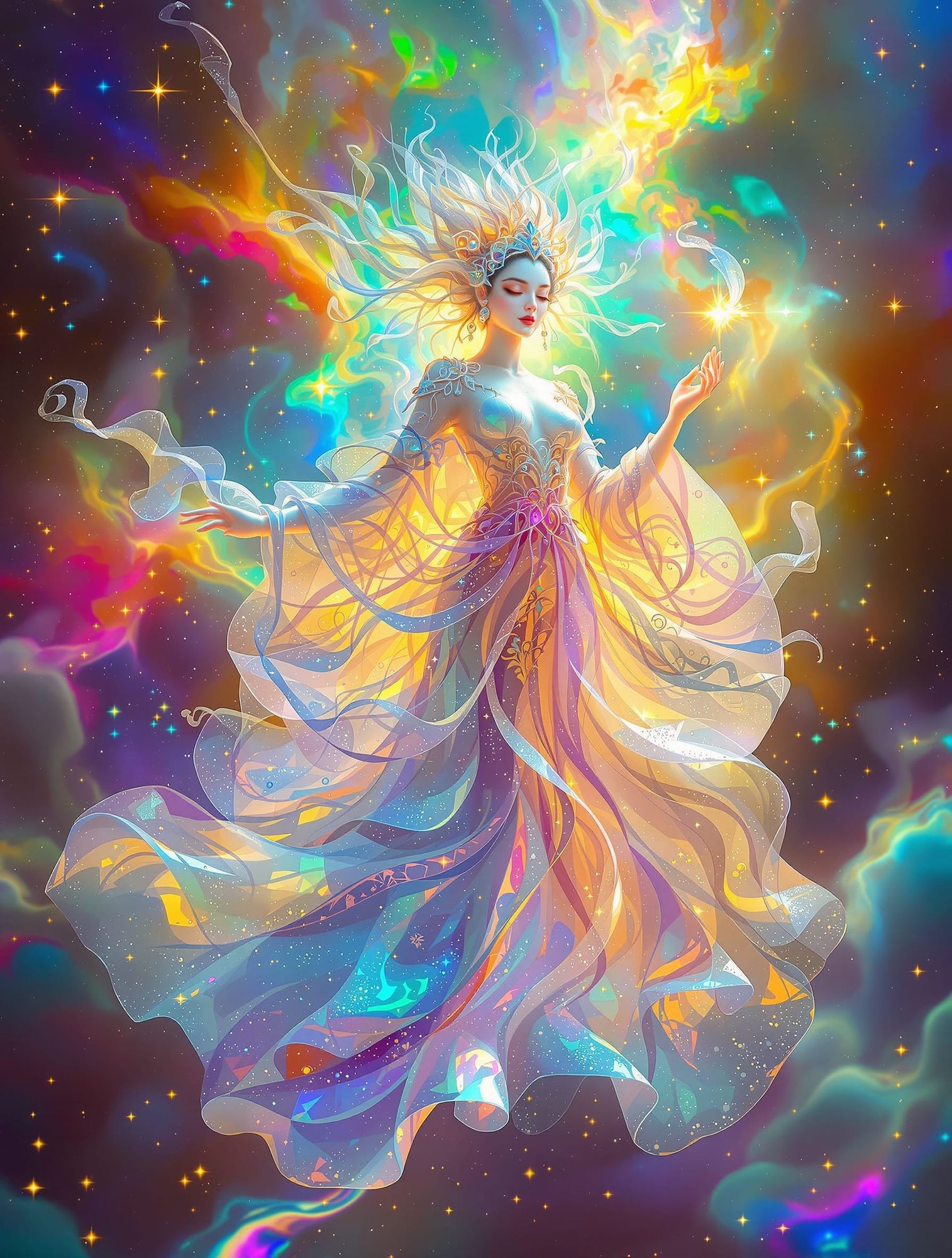 A Hmong maternal figure, her form composed of flowing streams of luminous binary code, cradles a small, glowing orb of pure data. Looking st... - Start Image 2