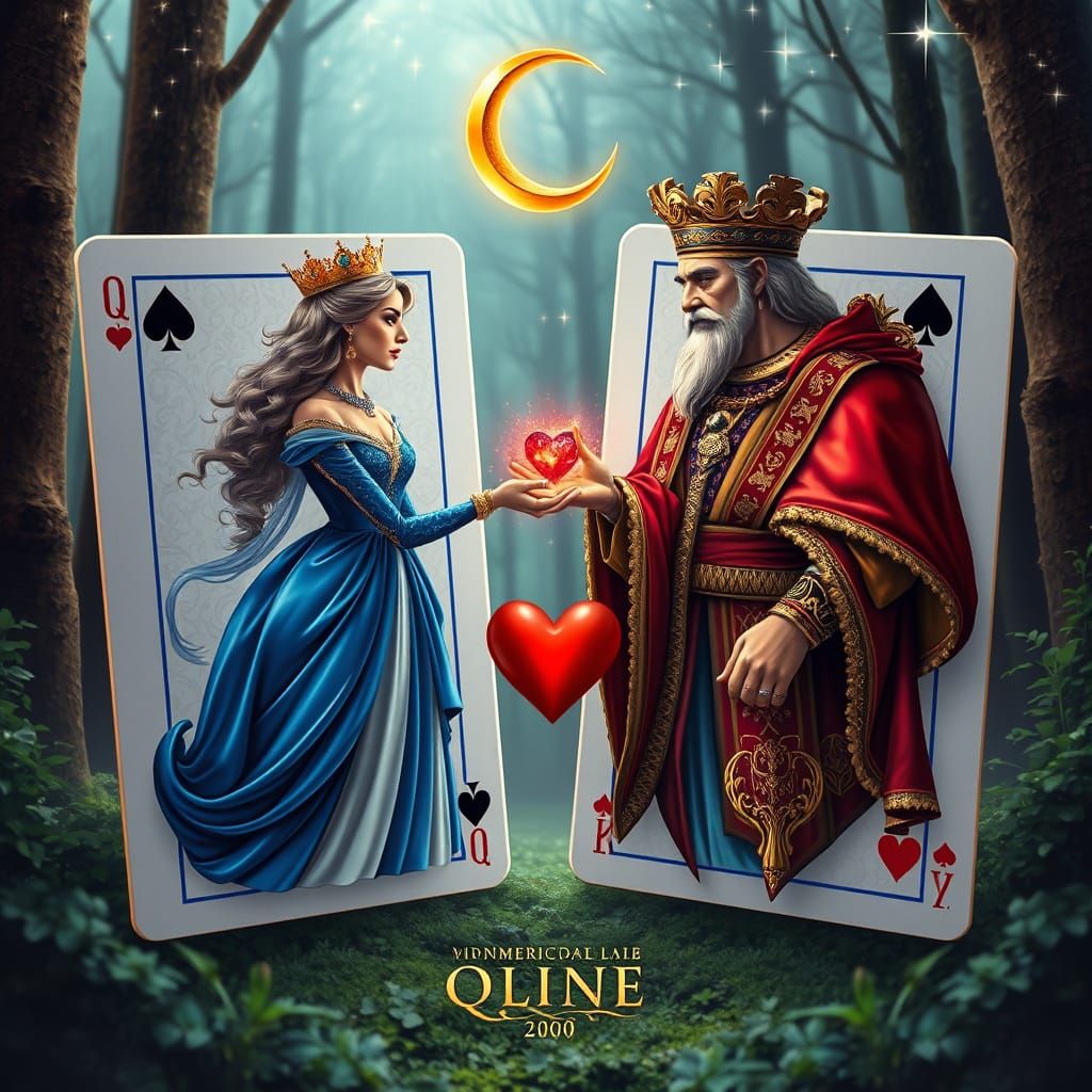 A captivating, surreal scene of two playing cards facing each other, one labeled 'Q' and the other 'K'. The 'Q' card features a regal queen ...