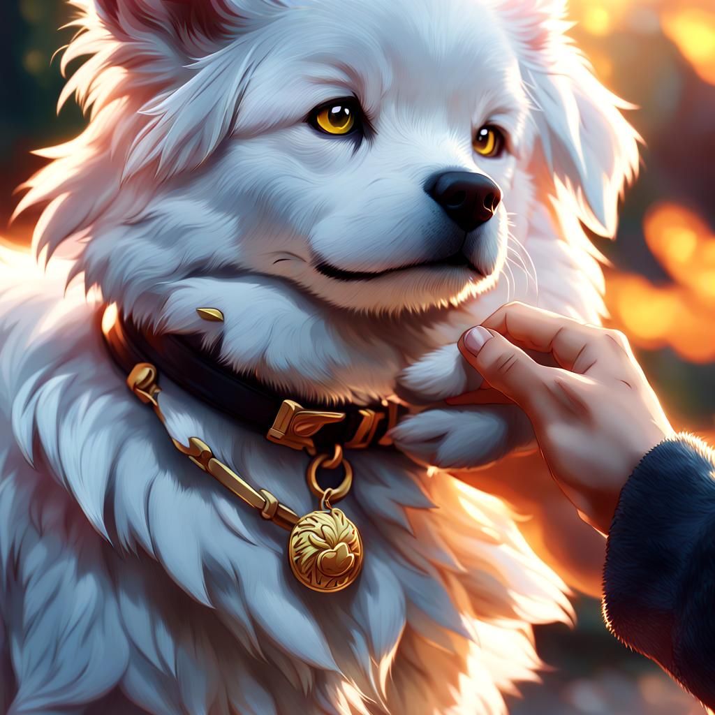 Anime Style: Person Collaring Dog, Morning Sunlight