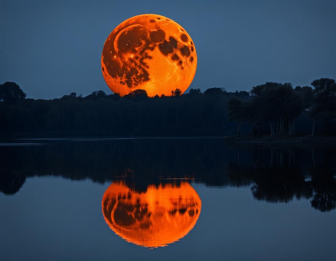 une lune orange se reflète dans un lac - AI Generated Artwork ...