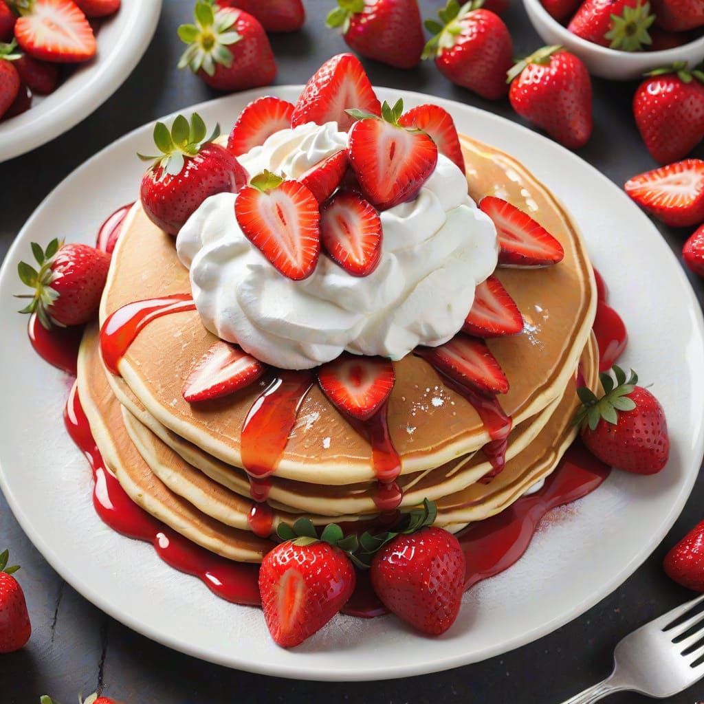 Pancakes with strawberries and whipped cream,   by @OckhamsRazor