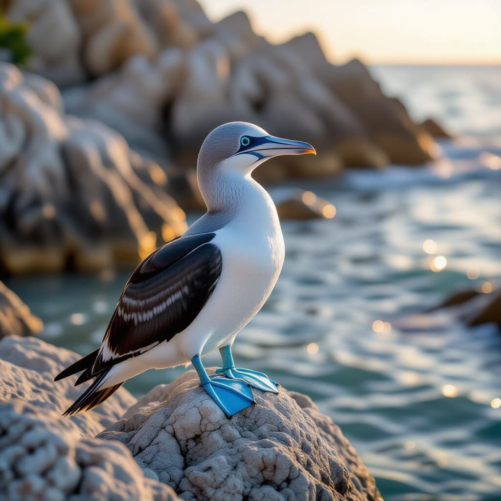 A blue footed booby on a rock by the ocean. 