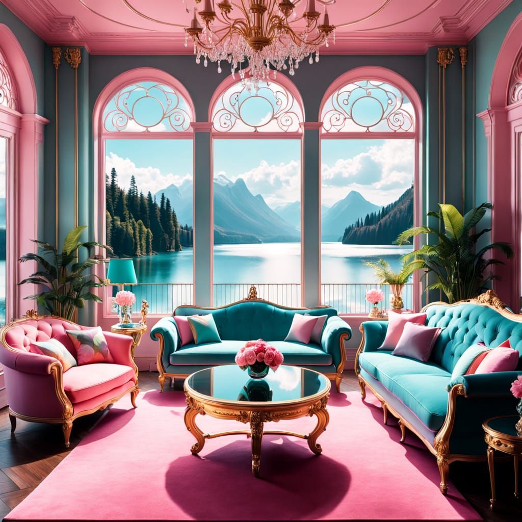 Luxurious Living Room with Pastel Hues and Serene Lake View