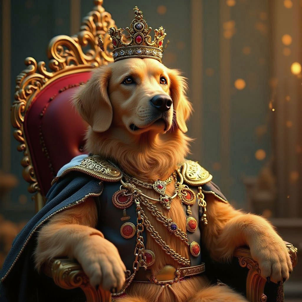 a golden retriever dog with uniform in a realistic chair and also with a crown as if he was the king sourrounded by a lot of gold