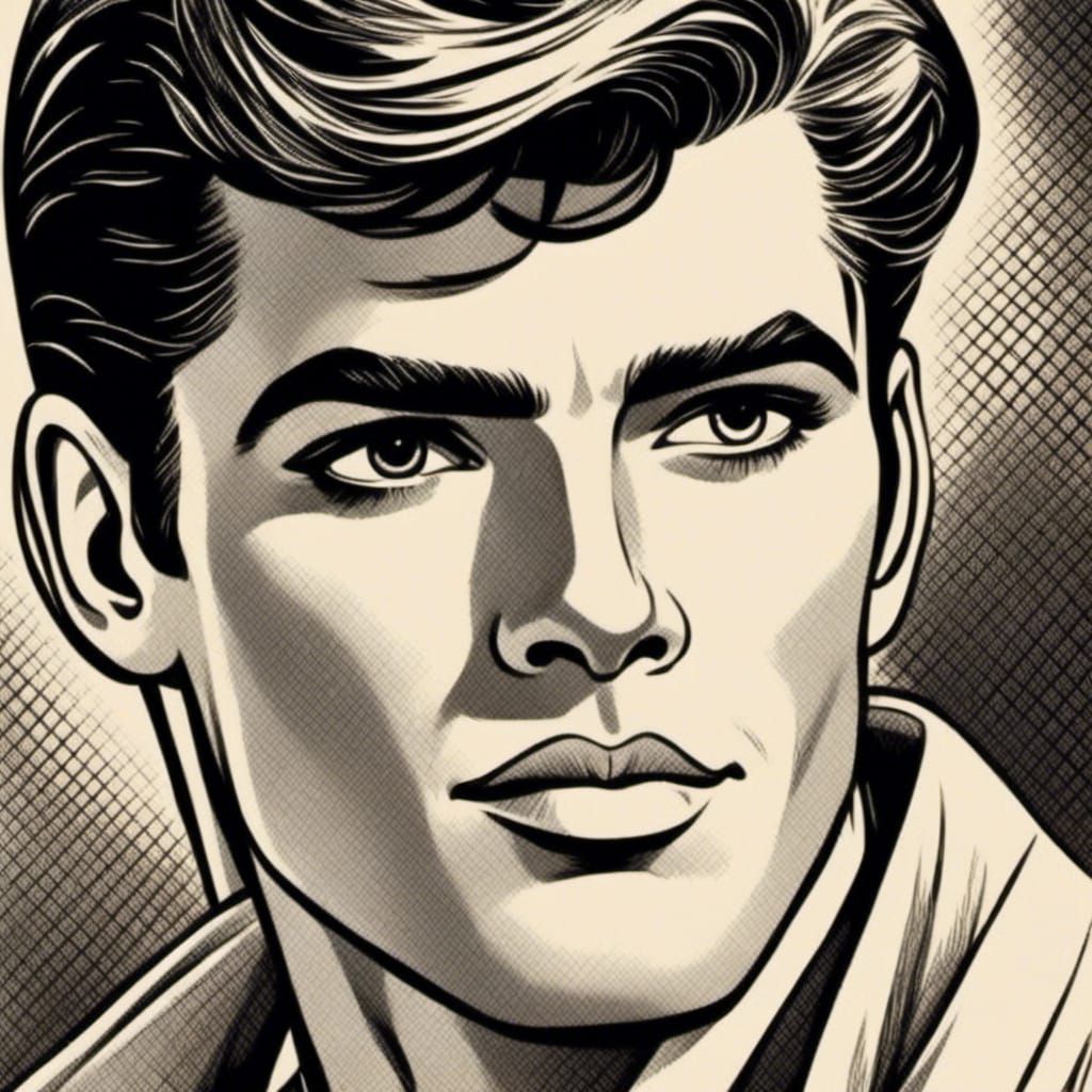  <lora:Mid century modern:1.0> hyper detailed illustration , portrait of an incredibly handsome man 1960’s popstar.