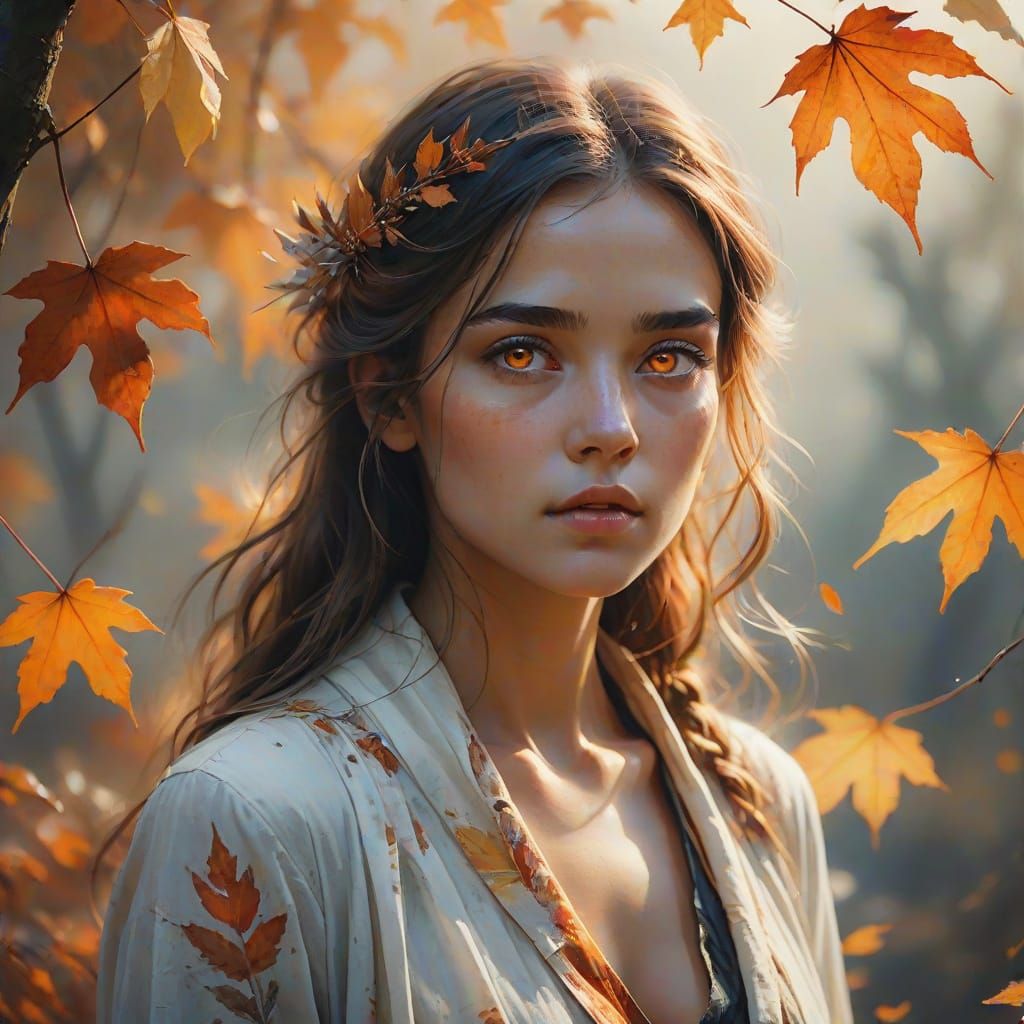 Stunning Watercolor Woman in Autumn Landscape with Glowing E...