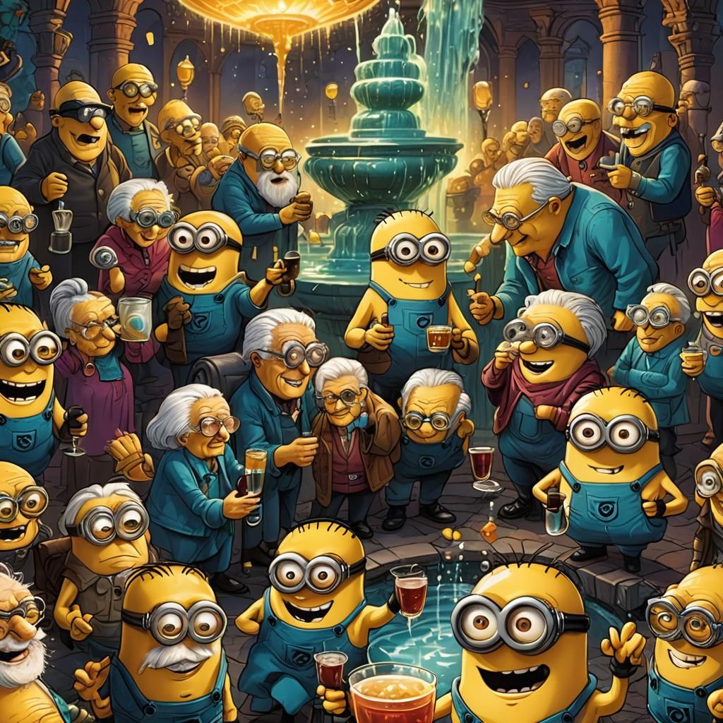 the minions as old senior citizens drink from the fountain of youth to be young again