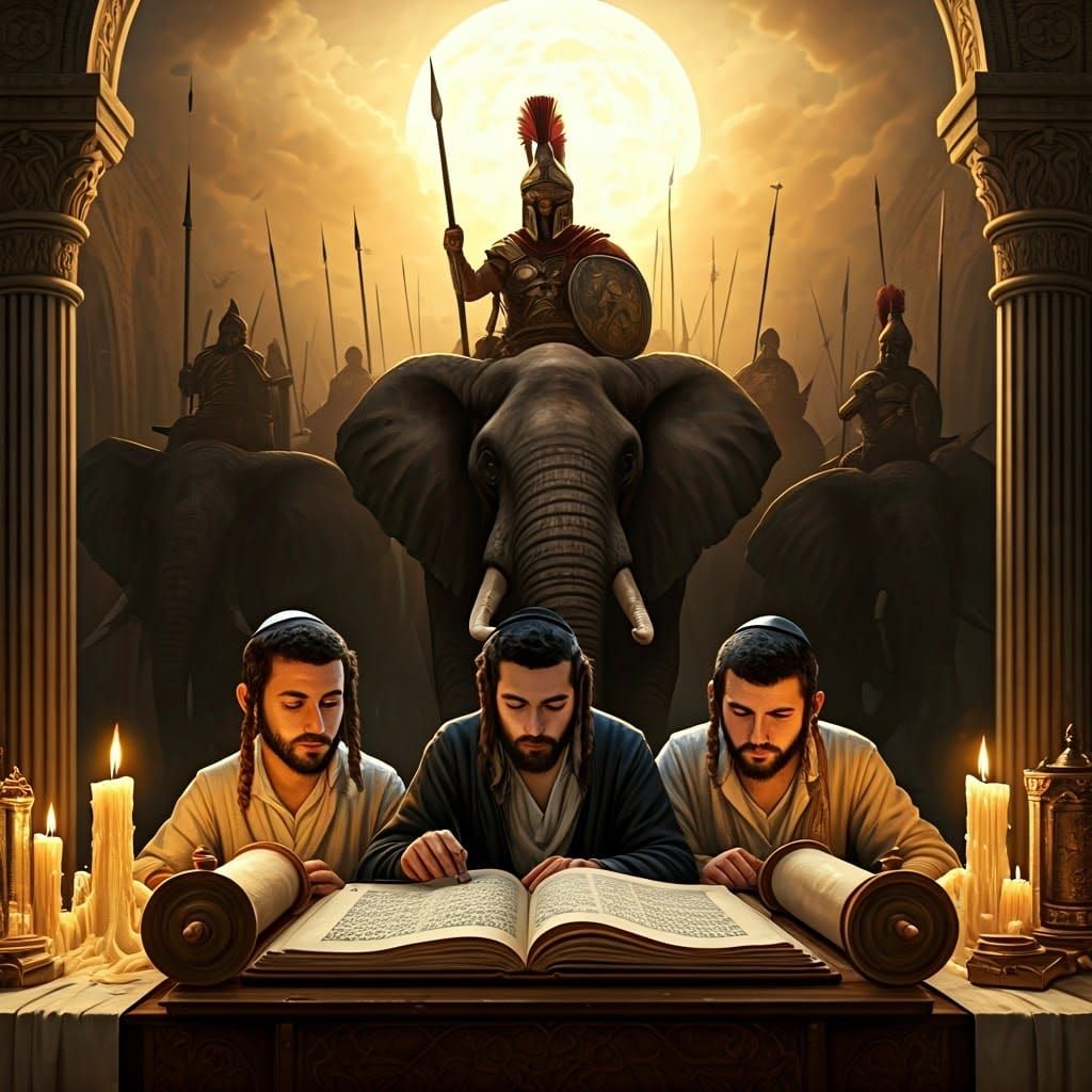 Orthodox Jewish Scholars Surrounded by Ancient Greek Warrior...