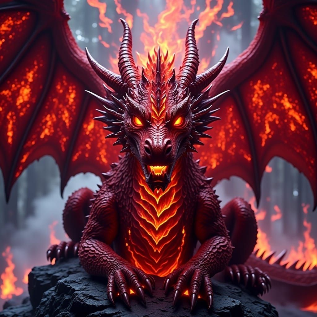 <lora:DragonV1:1.0>A captivating medium-distance view of a majestic dragon facing directly towards the camera, perched confidently on a rock...