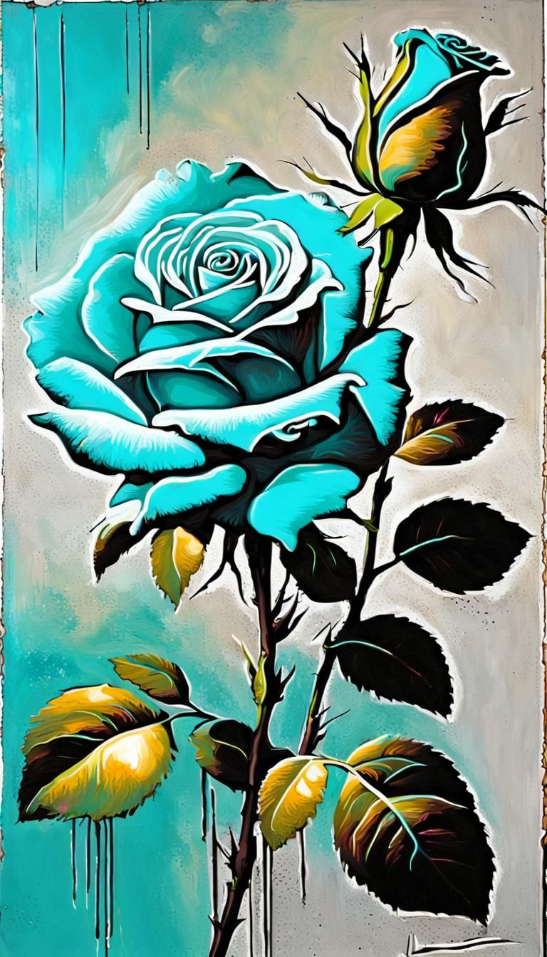 neon turquoise rose, backlight, fraying edges, spots, old oil