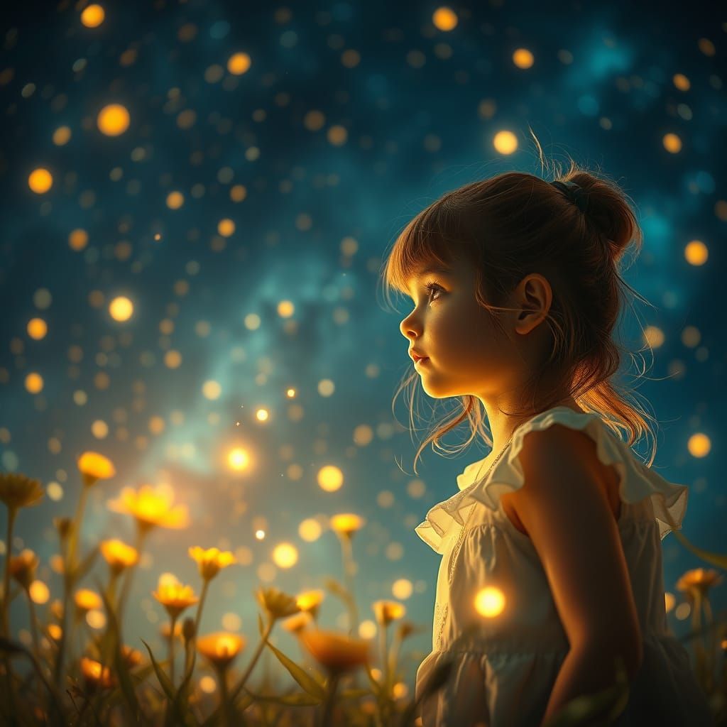 a little girl looking at swirling fireflies in the night sky form flowers  by @IkaDo