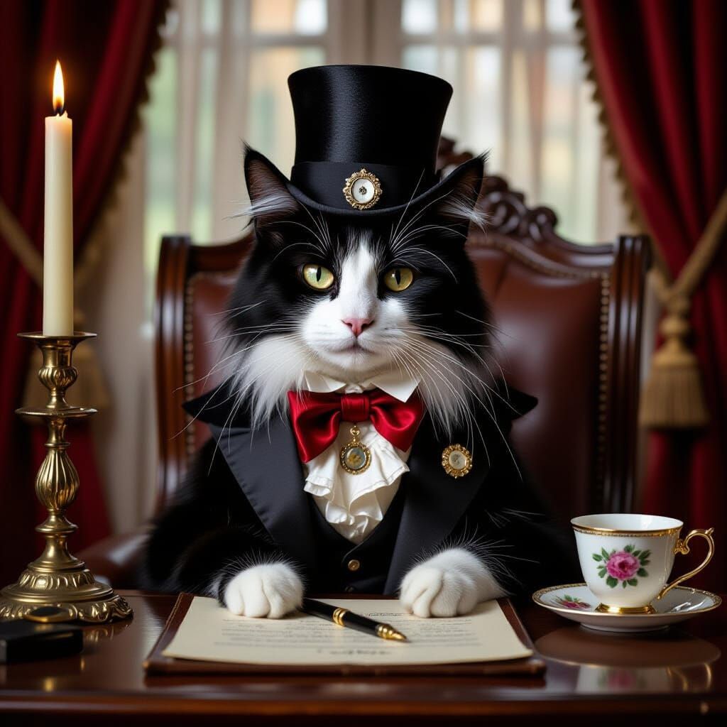 aristocratic feline seated on the edge of a mahogany writing desk, posture impeccable, tail curled like punctuation at the end of a sentence...