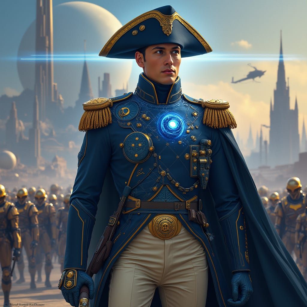 Napoleon Bonaparte in a Futuristic Battle Suit, Exuding Dete...