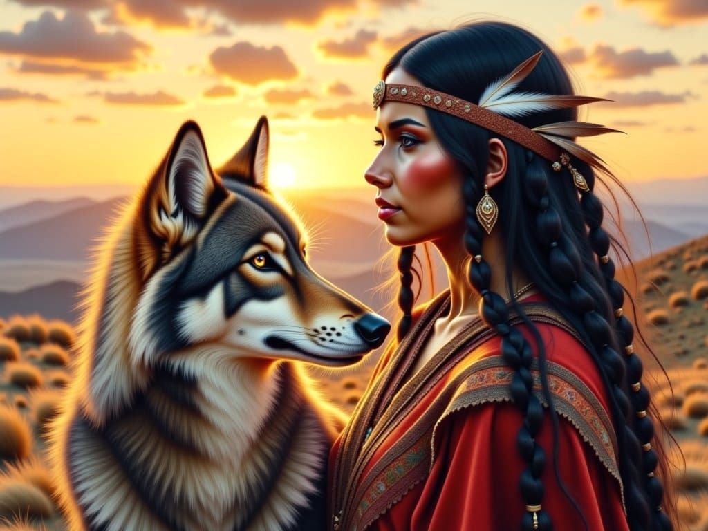 Native woman and a wolf