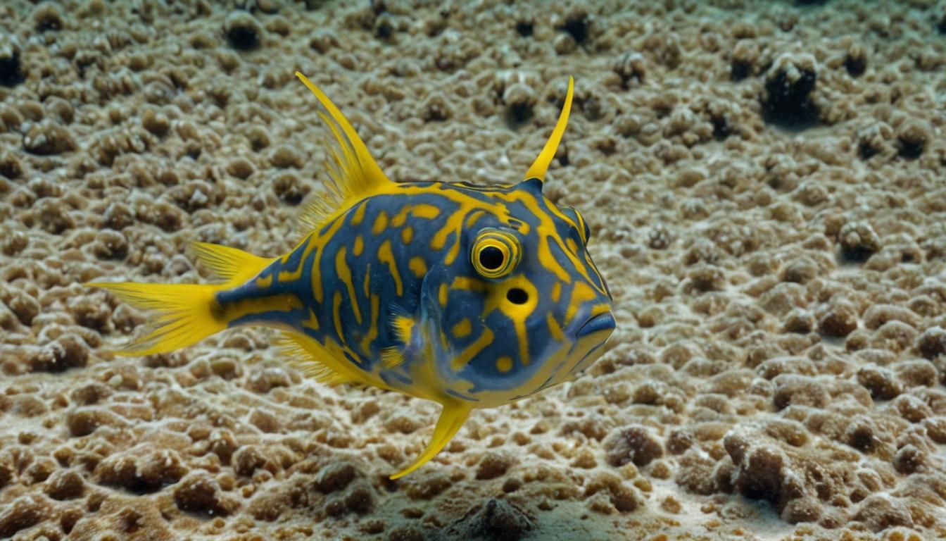yellow Cowfish with the typical horns over the eyes in the I...