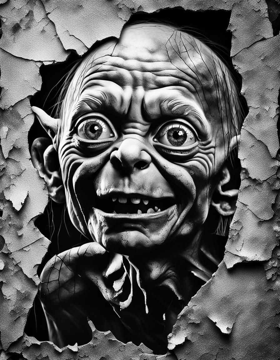A black and white portrait of Gollum, is visible through a c...