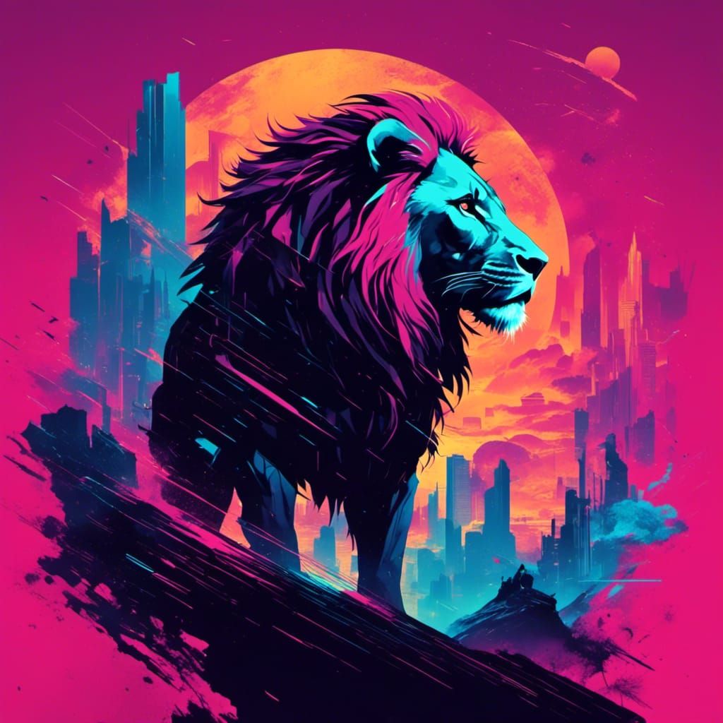 <lora:GlitchcoreSilhouette:1.0> A minimalistic lion, silhouette, book cover illustration, glitchcore