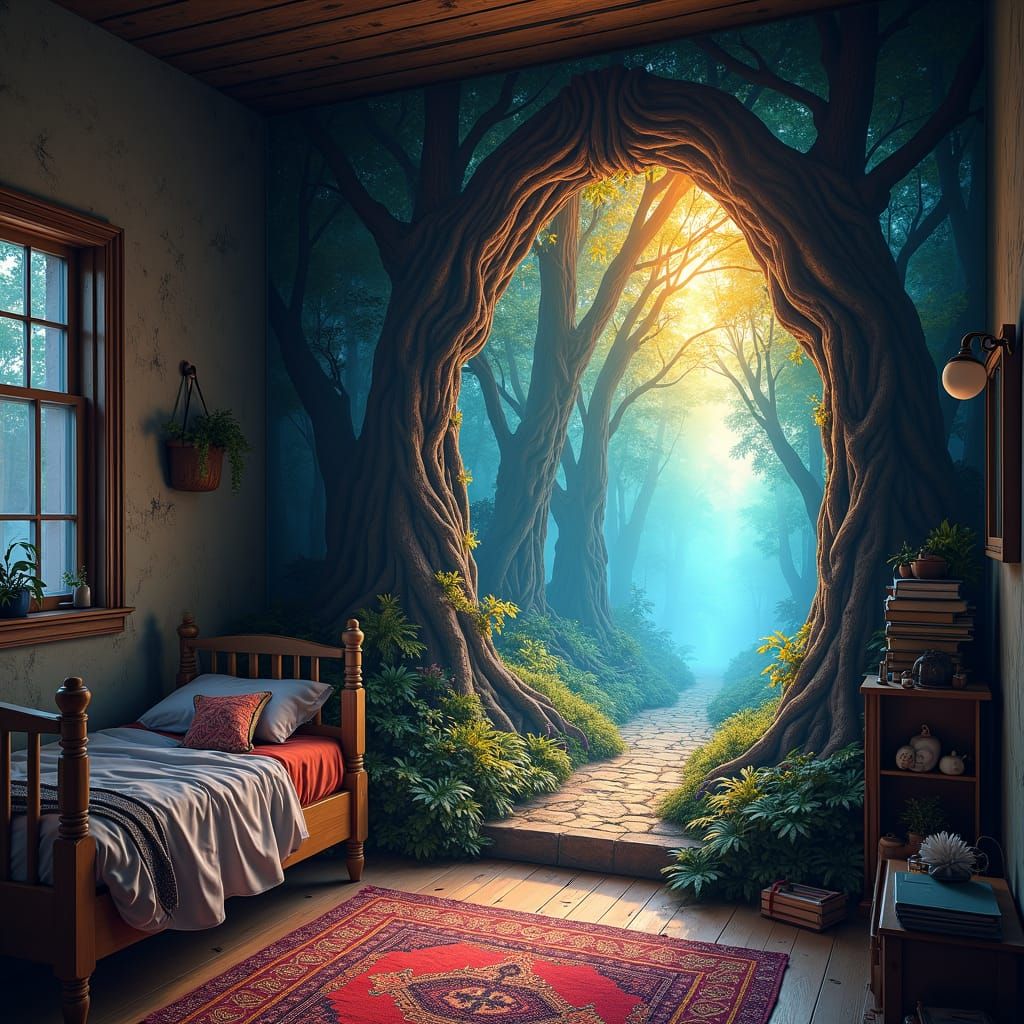 a portal into a mythical forest on the wall of my small messy bedroom  by @undefined