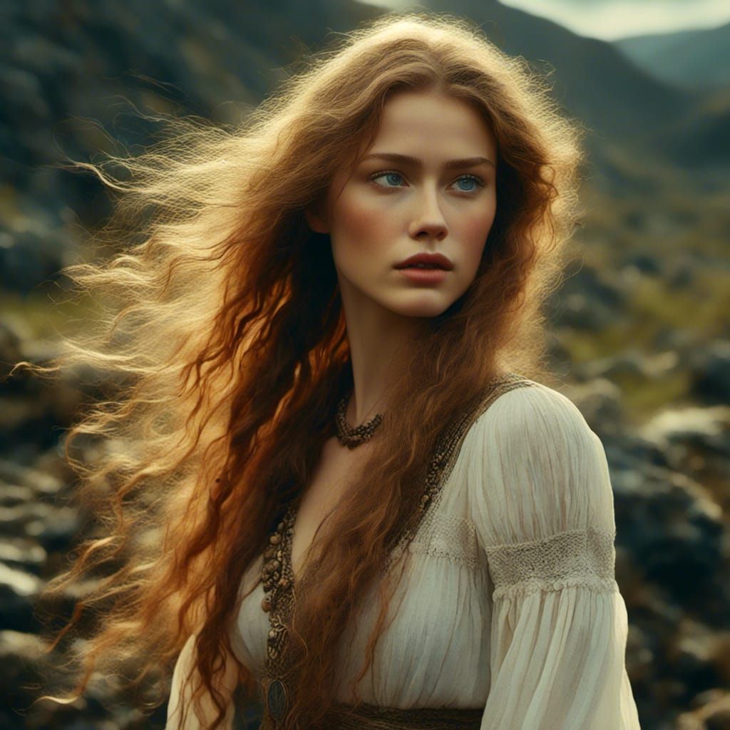 <lora:Barbarian Hero Style:1.0> <lora:DL- Paint:1.0> women with thin darkblond long hair wavy wearing in blouse , head and shoulders portrai...