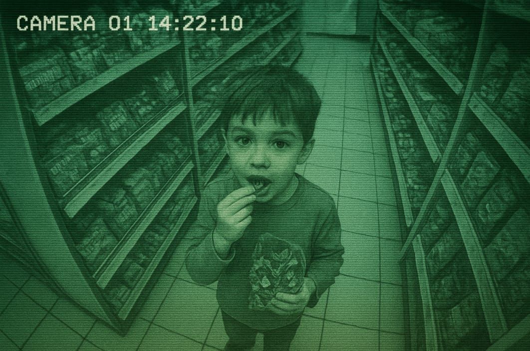 ילד נתפס אוכל ממתקים במצלמה של האבטחה במכולת