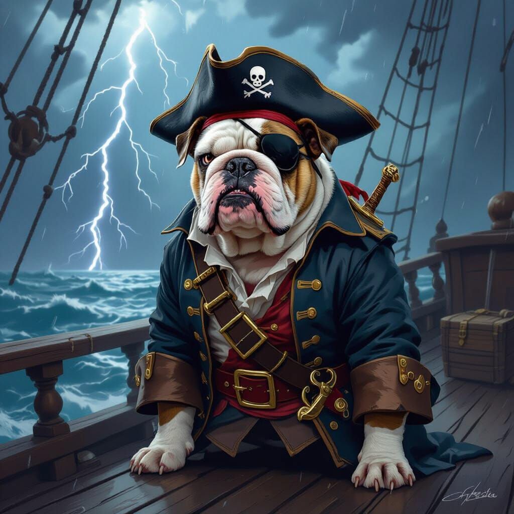 Pirate Bulldog Captain on Stormy Seas
