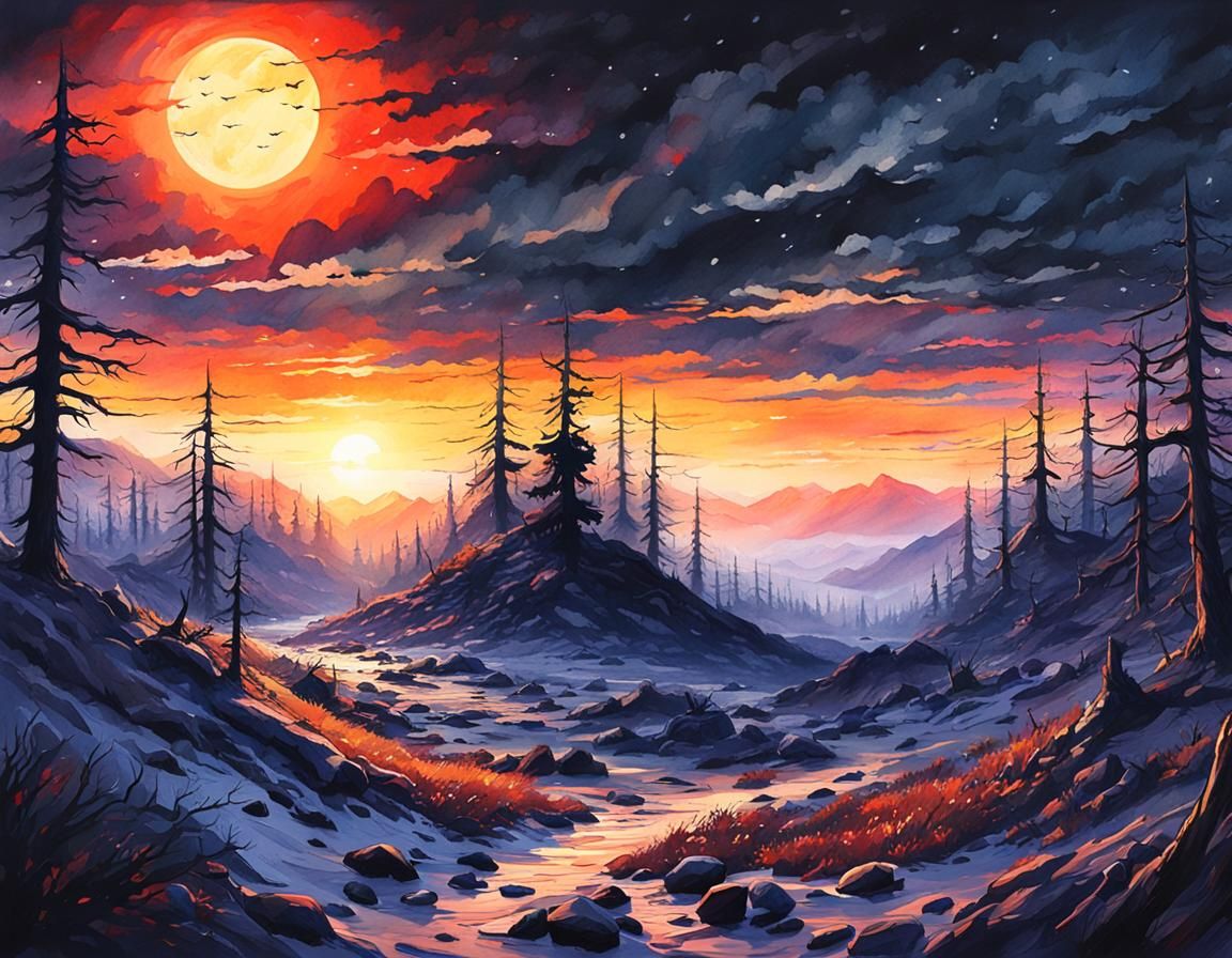 Sunrise Over Dead World: Watercolor Matte Painting