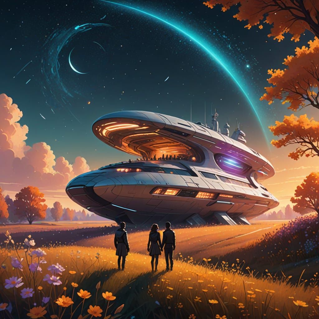 Digital illustration. A futuristic spaceship, designed with elegant, organic curves, gently lands in a field of glowing autumn wildflowers u...