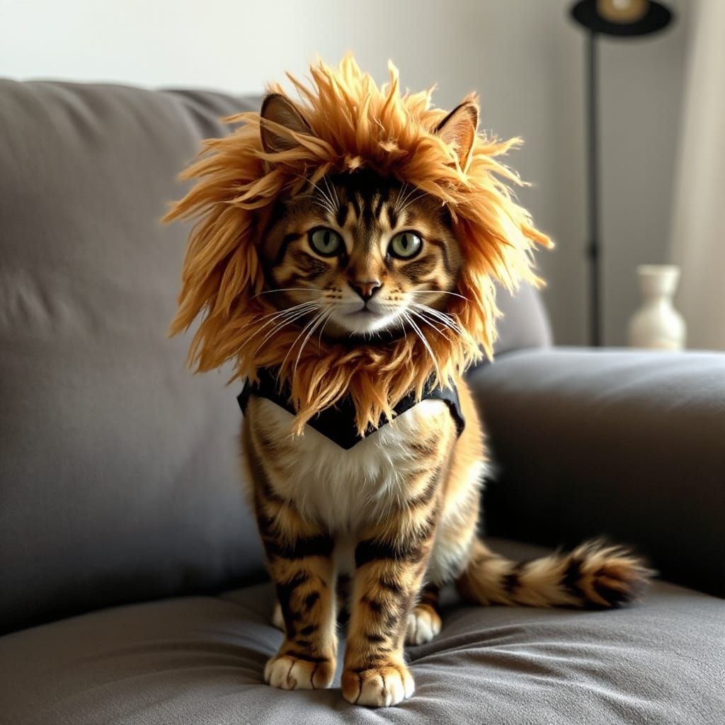 A cat with a Halloween costume that makes it look like a lion, it is standing on the back of the couch