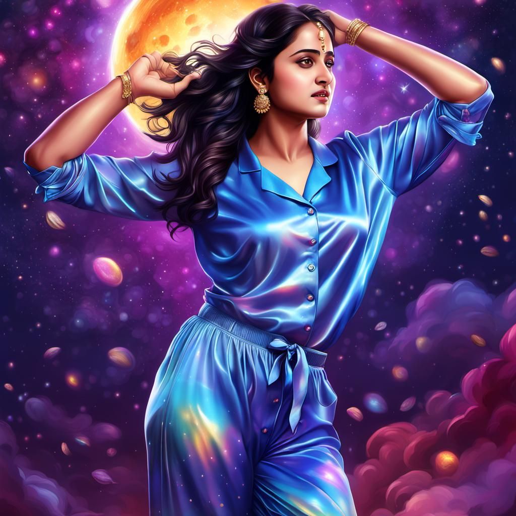 Hot curvy indian fantasy beauty Anushka Shetty , hot curvy figure, falling  hair,wears satin shiny silky pajama with crop full arms blouse,at... - AI  Generated Artwork - NightCafe Creator