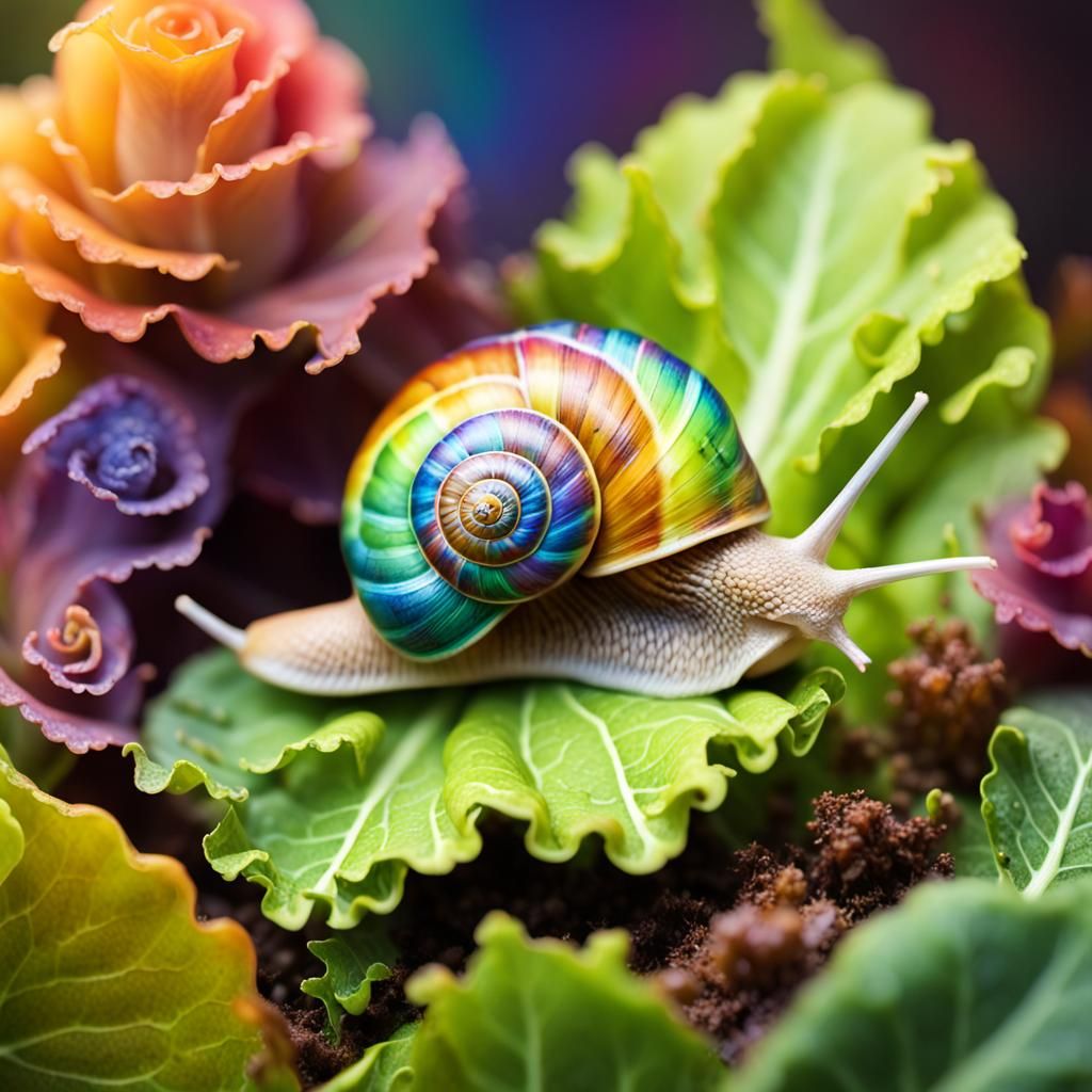 Rainbow Snail in a Surreal Fantasy Garden