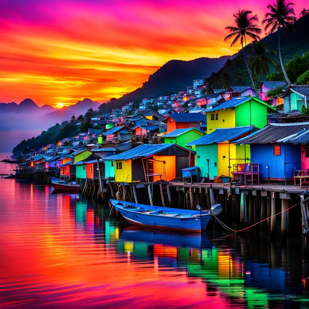 Vibrant Neon Sunset Fishing Village  by @Evil644