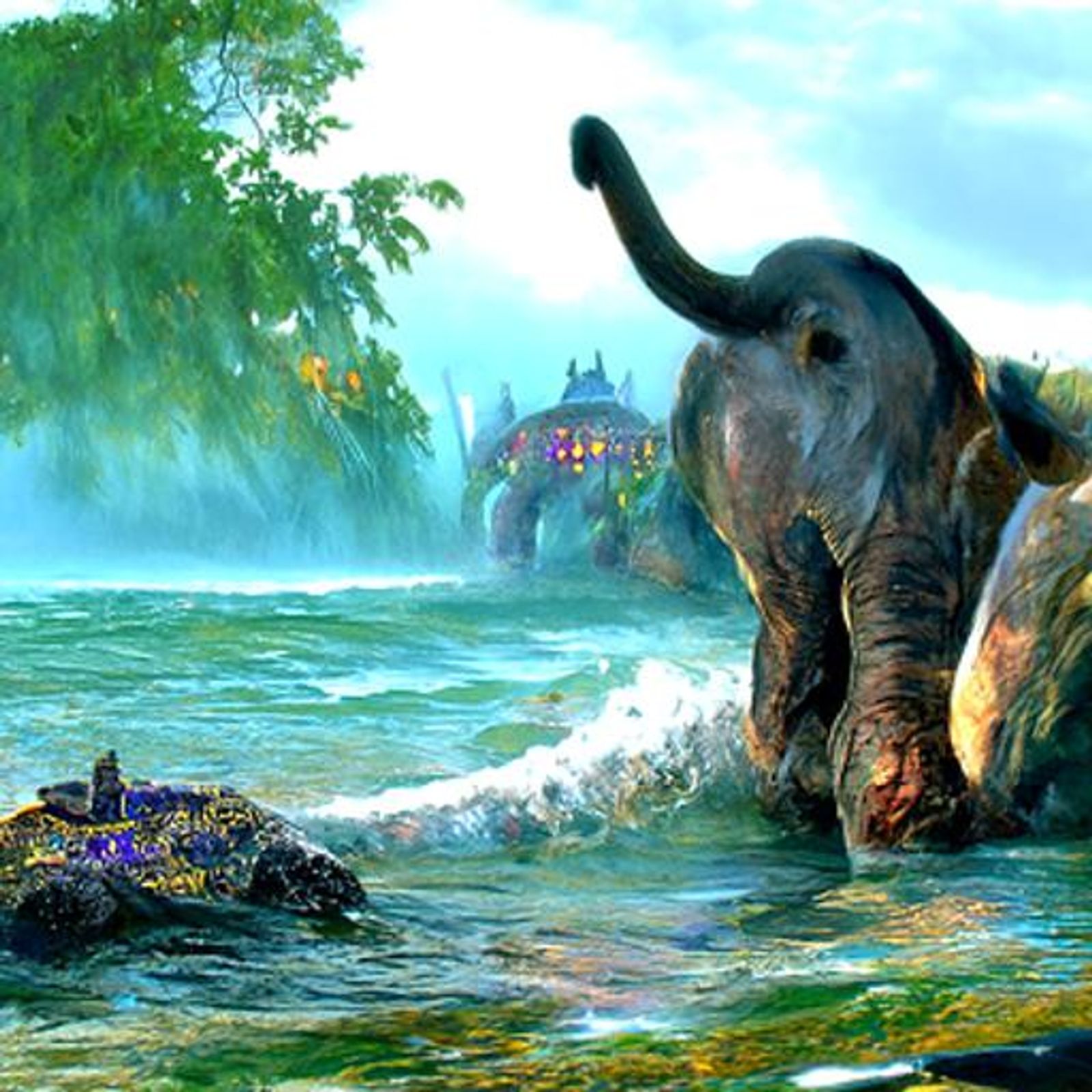 Elephant playing in water by a beach ethereal fantasy hyperdetailed