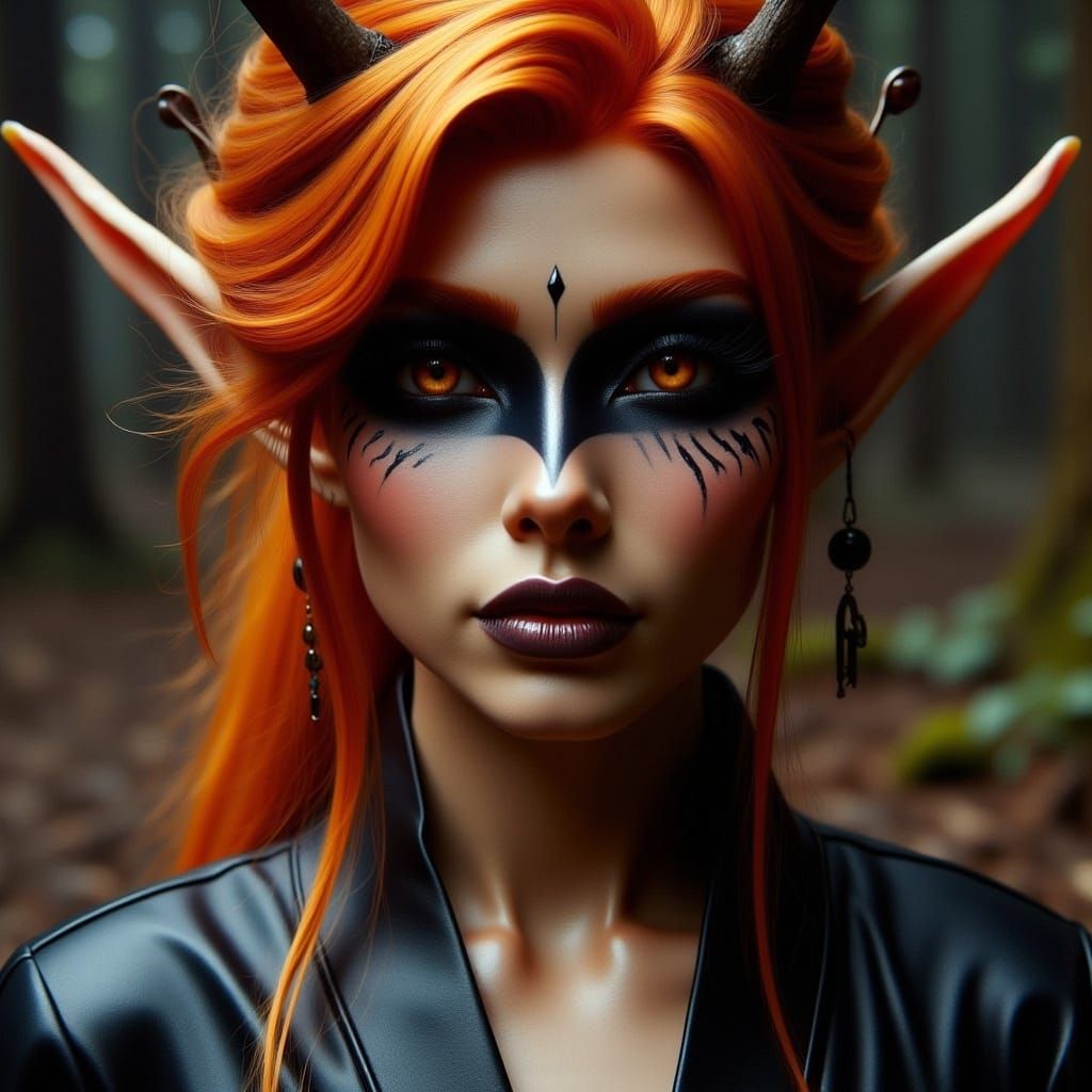 <lora:Drow Flux:1.0> A photorealistic depiction of a toned Asian female elf druid with a perfectly crafted face. She has shoulder-length, ch...