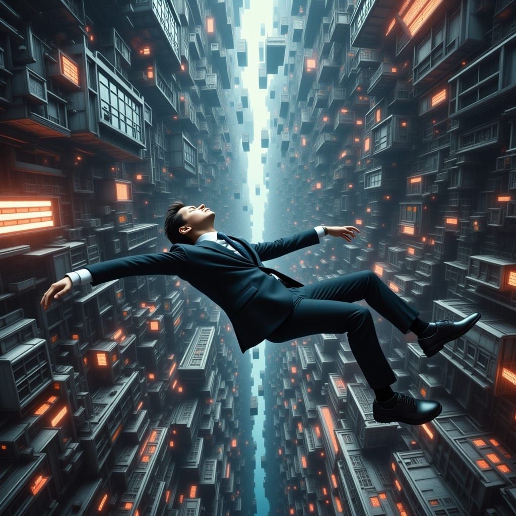 Sleeping man flying up and the camera angle from the top in the crowd futuristic town, all mess around, cyberpunk style, 4k --v 6.1, in elec...