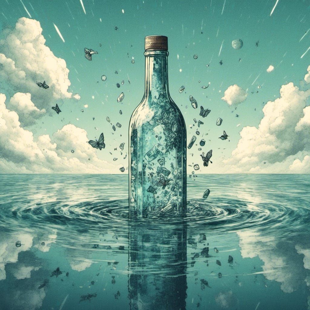Bottle floating on water <lora:SurDime:1.0>