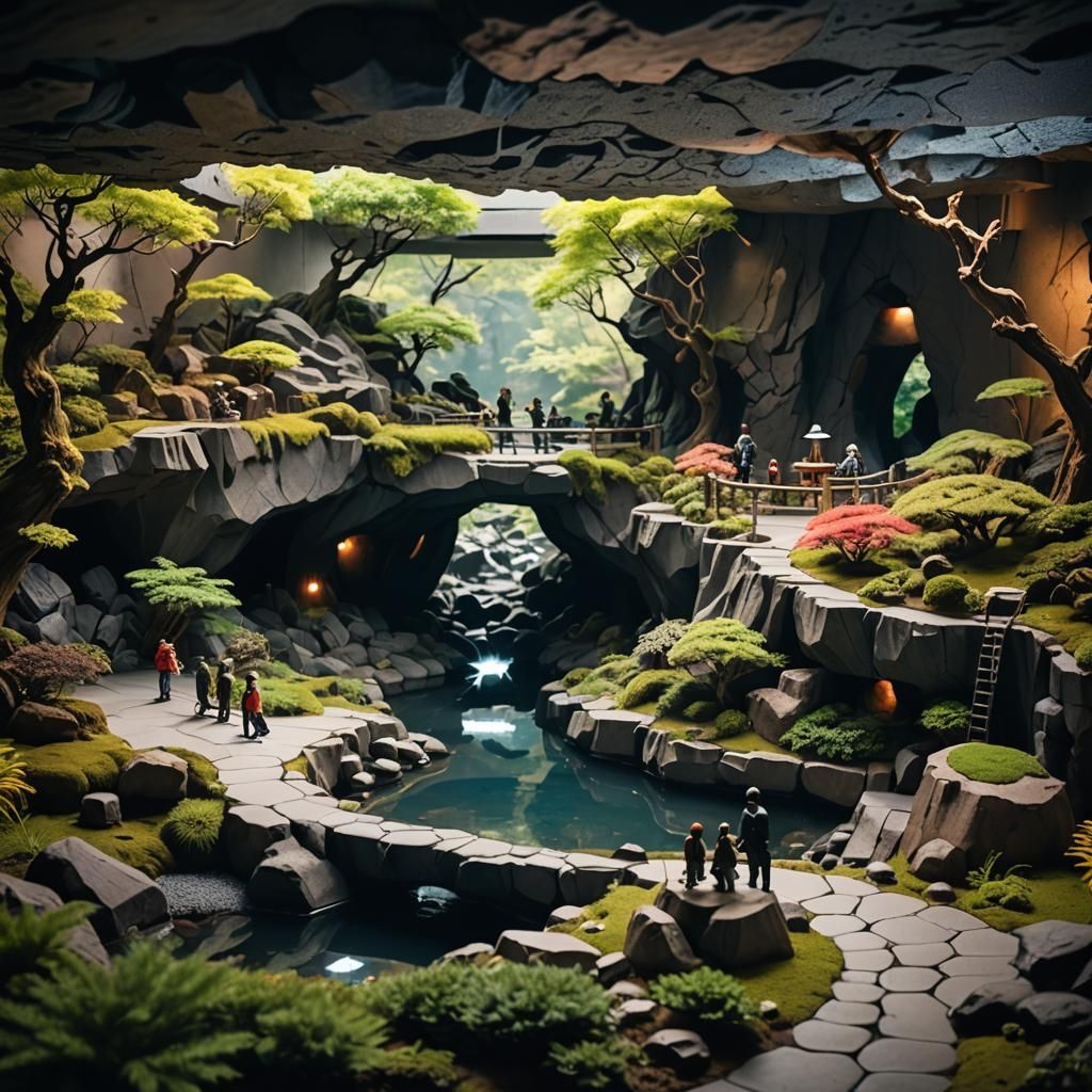 Cyberpunk Japanese Garden in Basalt Cave