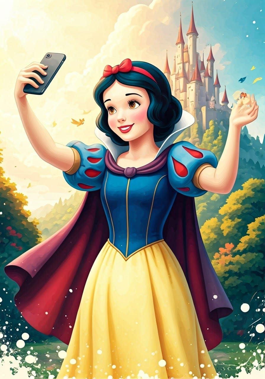Snow White taking a selfie ; smile ; her castle in the backg...