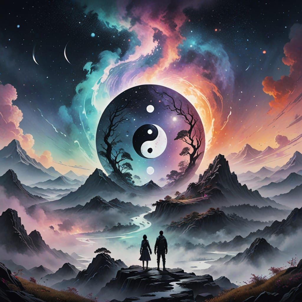 Yin and Yang Landscape in Pastel Watercolor