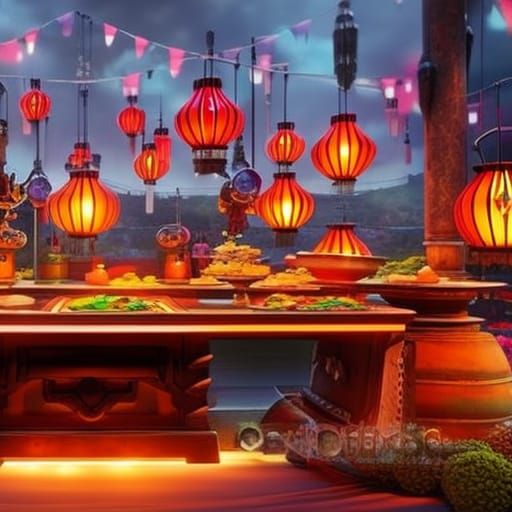 Table with food on it, and colorful lanterns