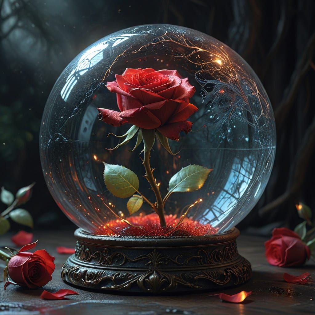 a single red rose held within a glass globe on a dark background while beauty and the beast hover over ...  by @BrokenKestrel