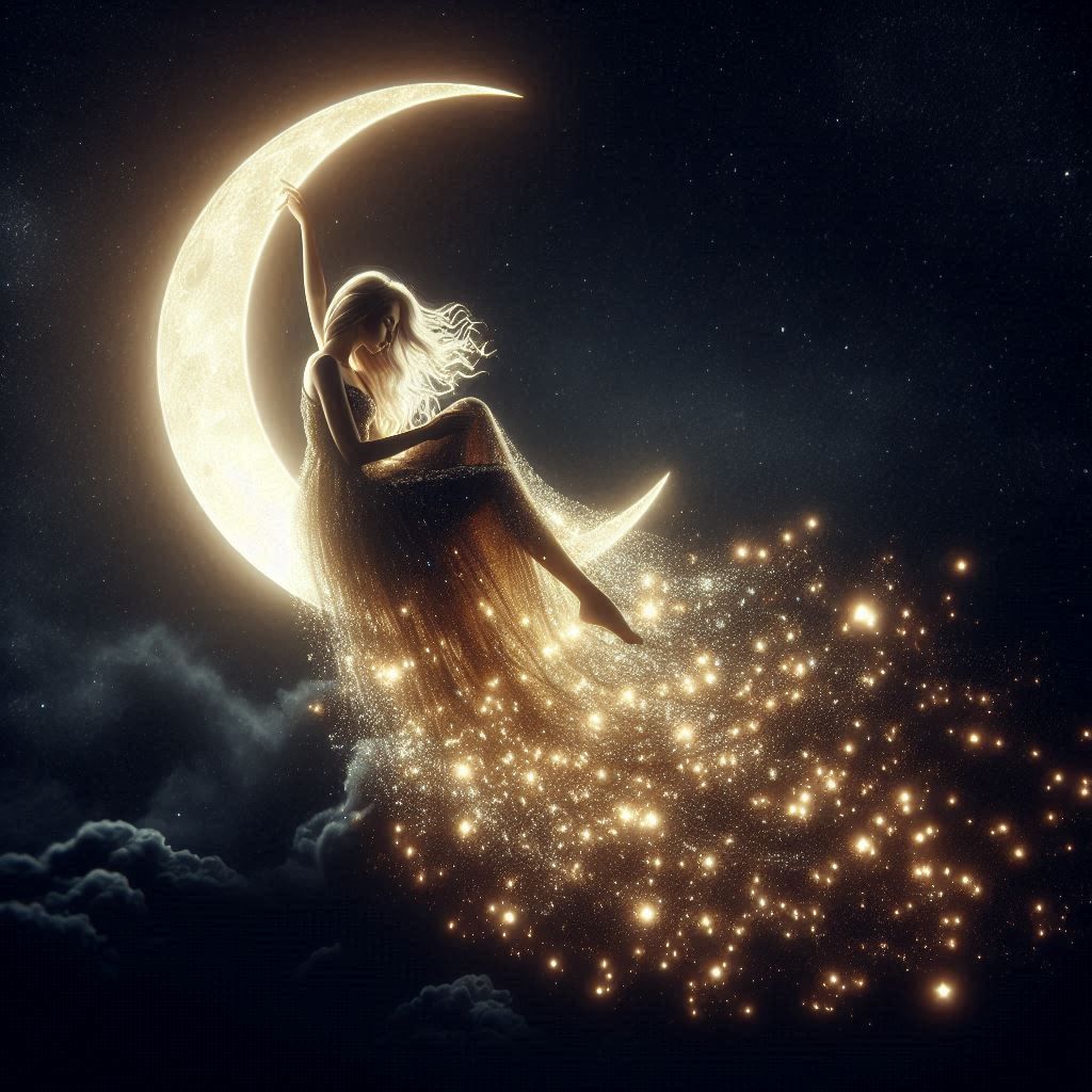 A star queen sitting on a Crescent moon